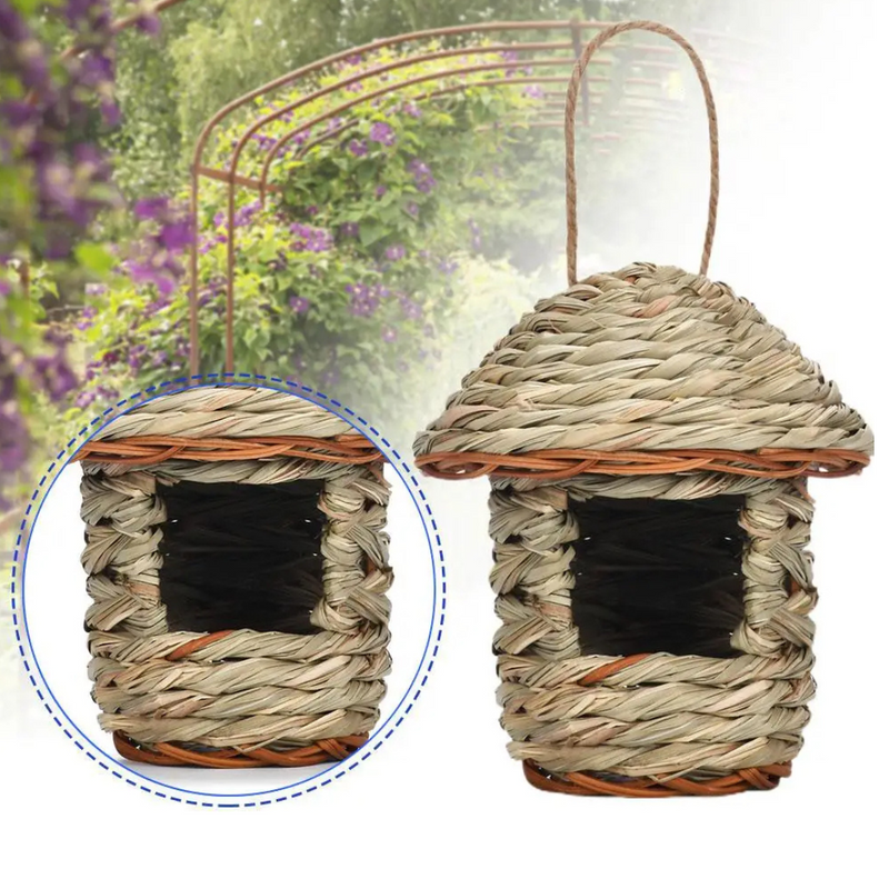 Ninho Artesanal para Pássaros em Palha com Alça Prática para Pendurar