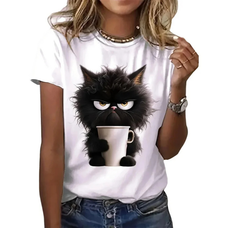 Camiseta Feminina Confortável com Estampa Divertida de Gato