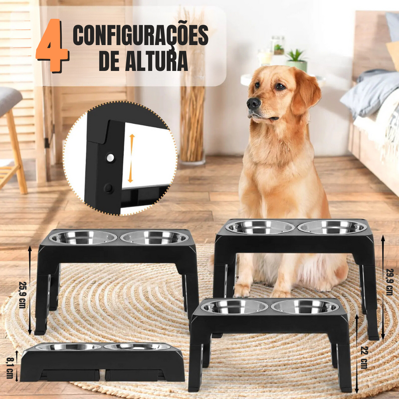 Comedouro e Bebedouro Elevado Ajustável para Pets - Conforto e Estilo com Tigela em Aço Inox