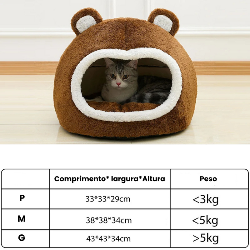 Cama Acolchoada Ursinho Marrom em Pelúcia para Conforto de Gatos e Cães