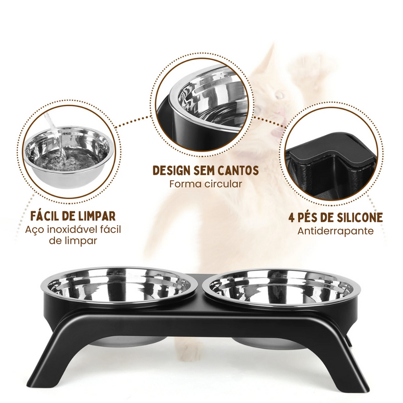 Tigela Elevada Dupla em Inox Antiderrapante para Conforto de Gatos e Cães