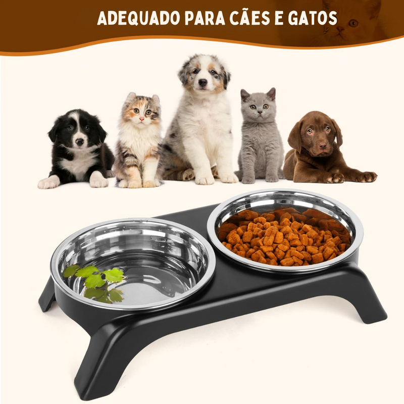 Tigela Elevada Dupla em Inox Antiderrapante para Conforto de Gatos e Cães