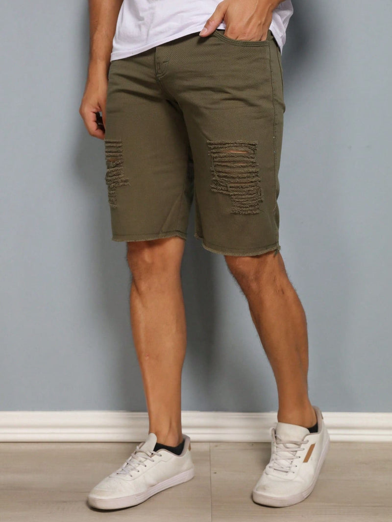 Bermuda Jeans Masculina Rasgado Verde Militar