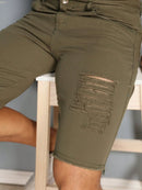 Bermuda Jeans Masculina Rasgado Verde Militar