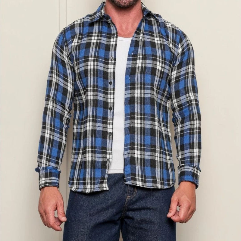 Camisa Xadrez Flanelada Masculina Manga Longa Azul