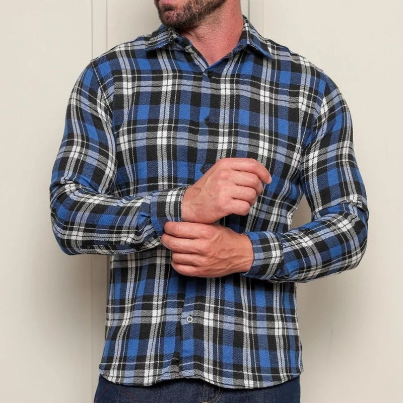 Camisa Xadrez Flanelada Masculina Manga Longa Azul