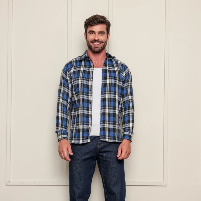 Camisa Xadrez Flanelada Masculina Manga Longa Azul