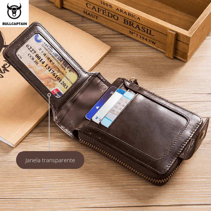 Carteira Masculina de Couro Genuíno RFID BullCaptain