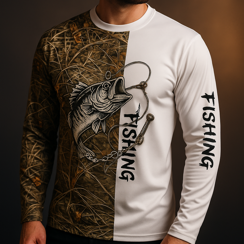 Camisa de Pesca Masculina de Manga Longa - Conforto e Secagem Rápida em Tons de Marrom e Branco