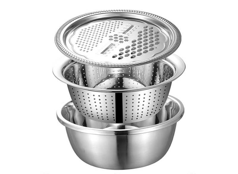 Kit Prático de 3 Utensílios de Cozinha: Ralador, Escorredor e Bacia para Facilitar Seu Dia a Dia