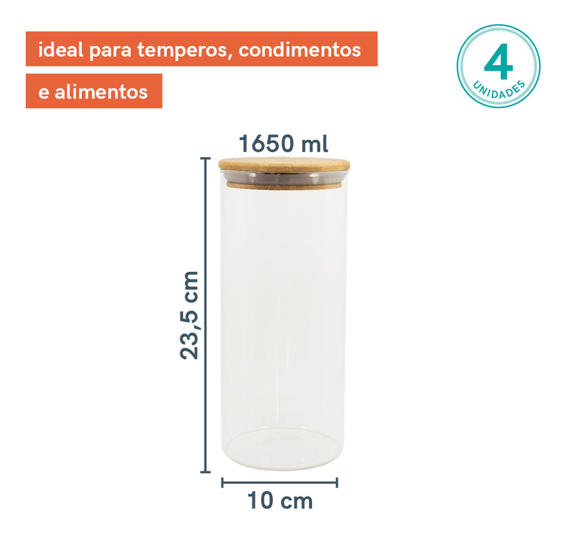 Conjunto de Potes de Vidro para Mantimentos 1650ml com Elegante Tampa de Bambu – 4 Peças Oikos: Organize com Estilo!