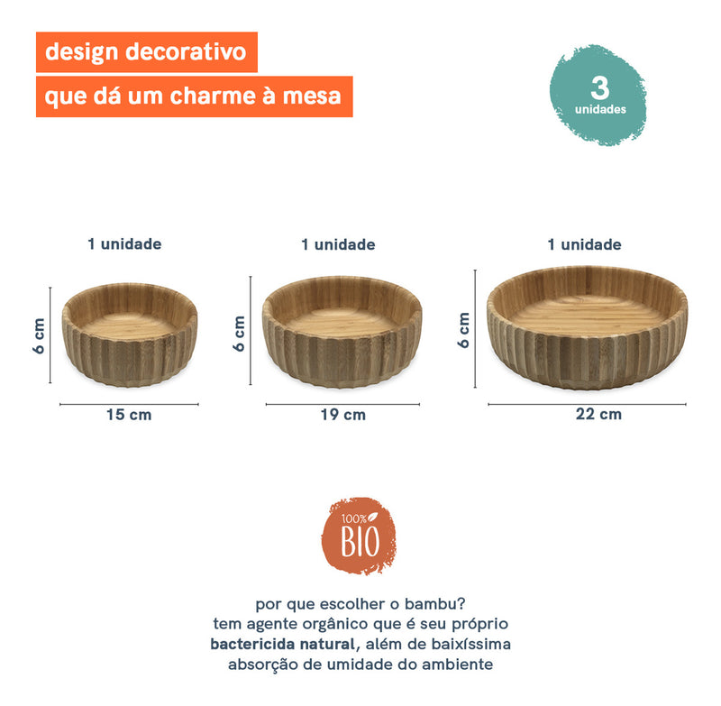 Conjunto Exclusivo: 3 Bowls Canelados de Bambu - Estilo e Natureza na Sua Mesa!