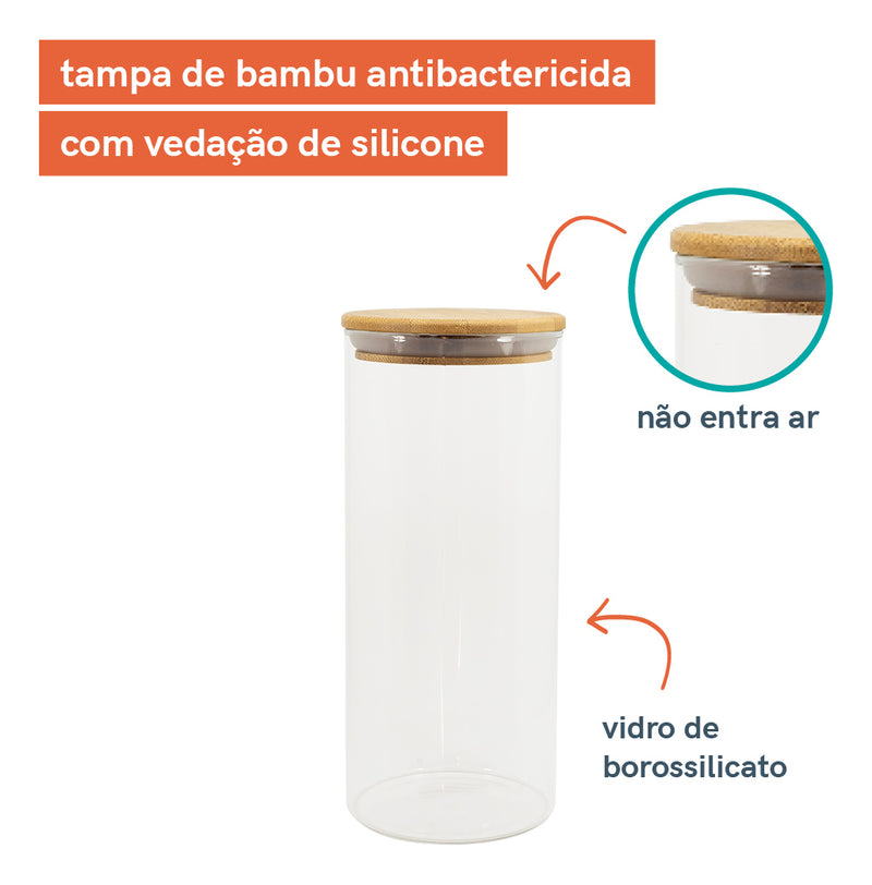 Conjunto de Potes de Vidro para Mantimentos 1650ml com Elegante Tampa de Bambu – 4 Peças Oikos: Organize com Estilo!