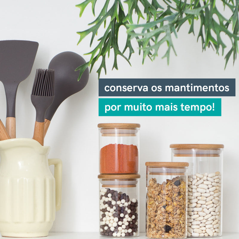 Conjunto de Potes de Vidro para Mantimentos 1650ml com Elegante Tampa de Bambu – 4 Peças Oikos: Organize com Estilo!