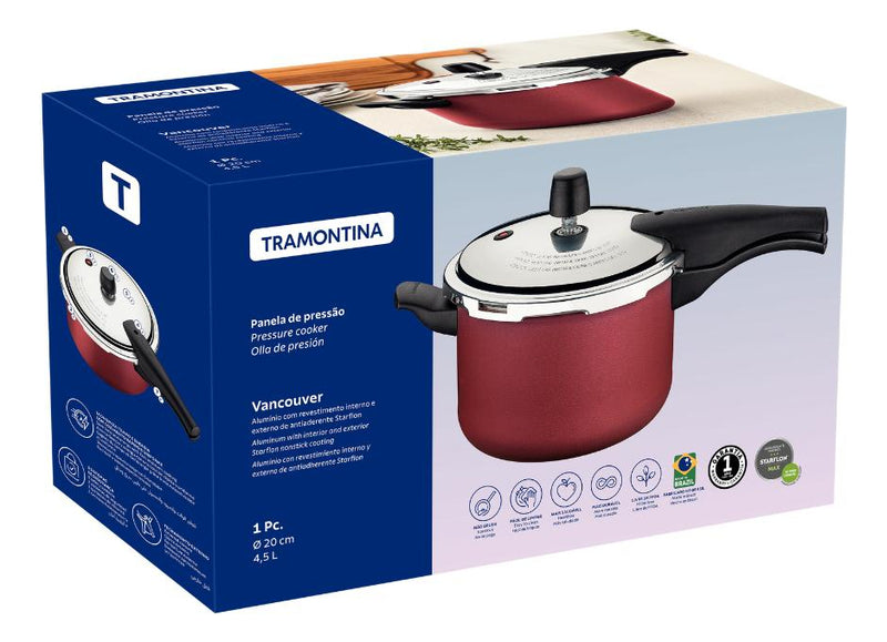 Panela de Pressão Tramontina Vancouver 20cm 4,5L: Cozinha Prática e Saudável com Revestimento Antiaderente Vermelho!