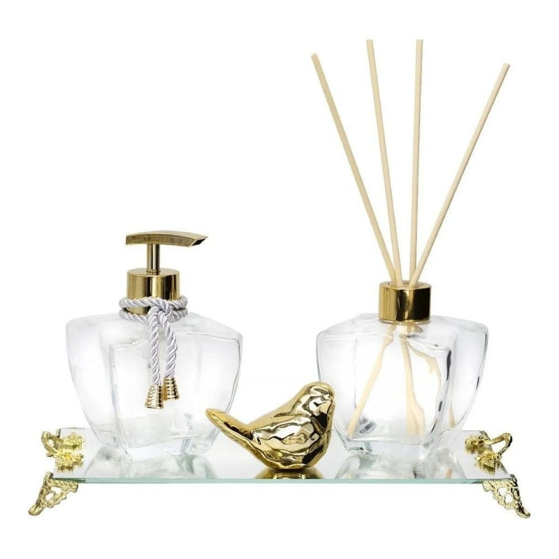 Kit Lavabo Banheiro Estrela Luxo com Difusor Saboneteira e Bandeja Espelhada