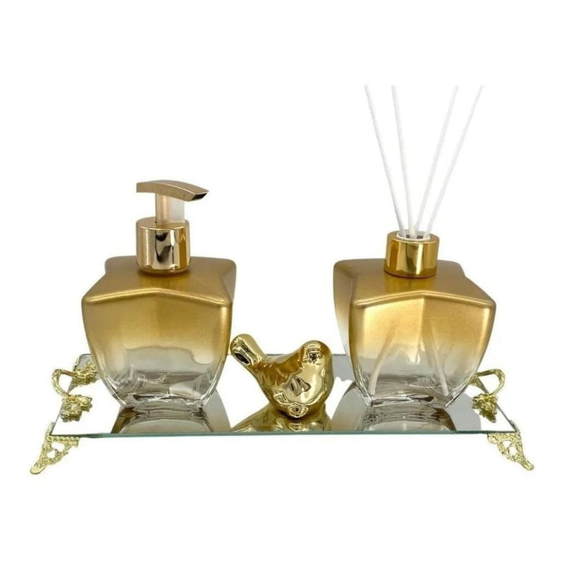 Kit Lavabo Banheiro Estrela Dourado Degrade Luxo com Difusor Saboneteira e Bandeja Espelhada