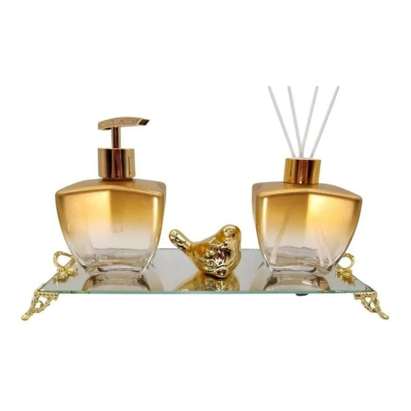Kit Lavabo Banheiro Estrela Dourado Degrade Luxo com Difusor Saboneteira e Bandeja Espelhada