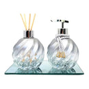 Kit Lavabo Banheiro Vidro Espiral Degrade Prata Luxo Difusor Saboneteira e Bandeja Espelhada