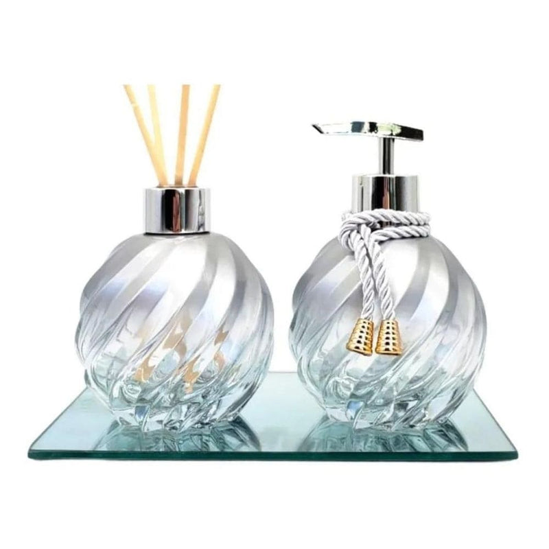 Kit Lavabo Banheiro Vidro Espiral Degrade Prata Luxo Difusor Saboneteira e Bandeja Espelhada