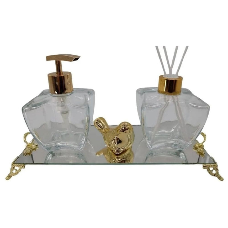 Kit Lavabo Banheiro Estrela Luxo com Difusor Saboneteira e Bandeja Espelhada