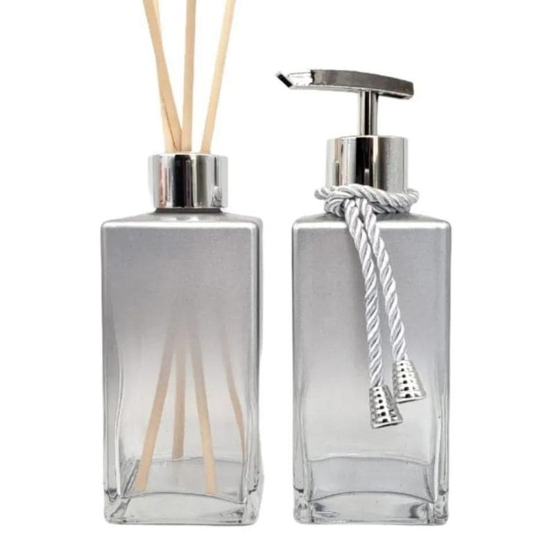 Kit Lavabo Banheiro Vidro Retangular Prata Degrade Luxo Difusor Saboneteira e Bandeja Espelhada