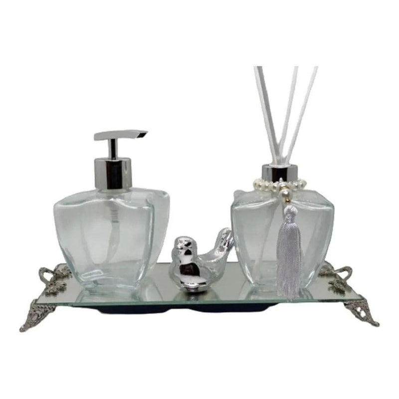 Kit Lavabo Banheiro Estrela Luxo com Difusor Saboneteira e Bandeja Espelhada