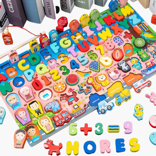 Tabuleiro de Madeira Educativo para Aprender Letras, Números e Animais Brincando