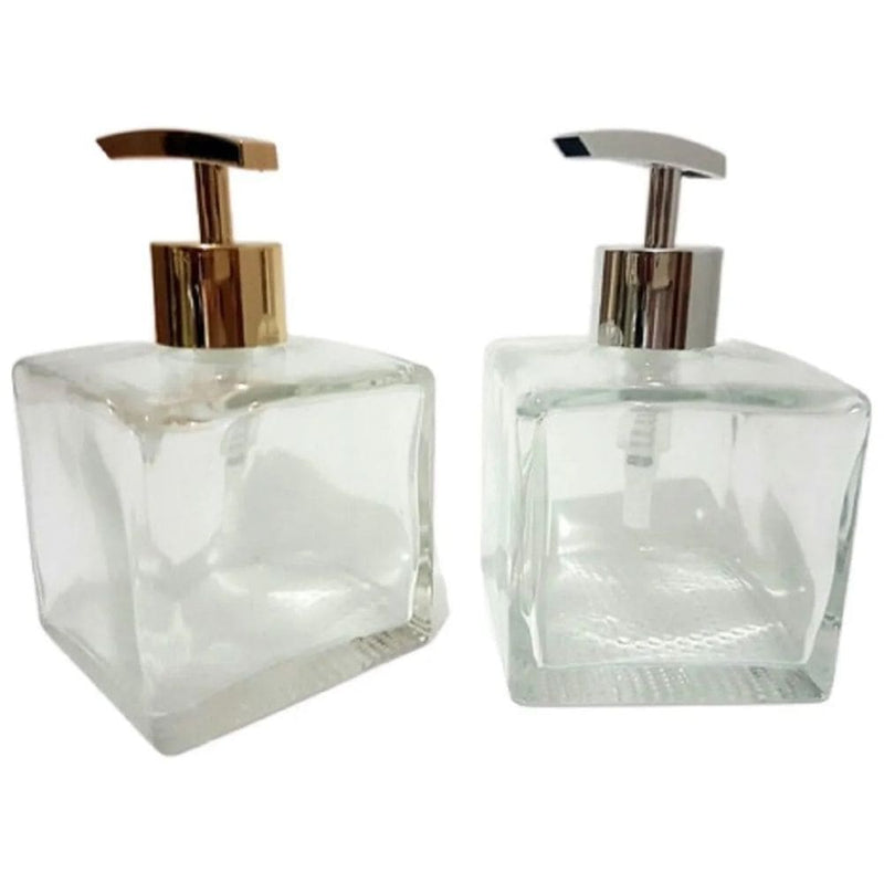 Kit Porta Sabonete Líquido Vidro Cubo Transparente 350ml Válvula Luxo Cromada