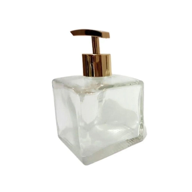 Kit Porta Sabonete Líquido Vidro Cubo Transparente 350ml Válvula Luxo Cromada
