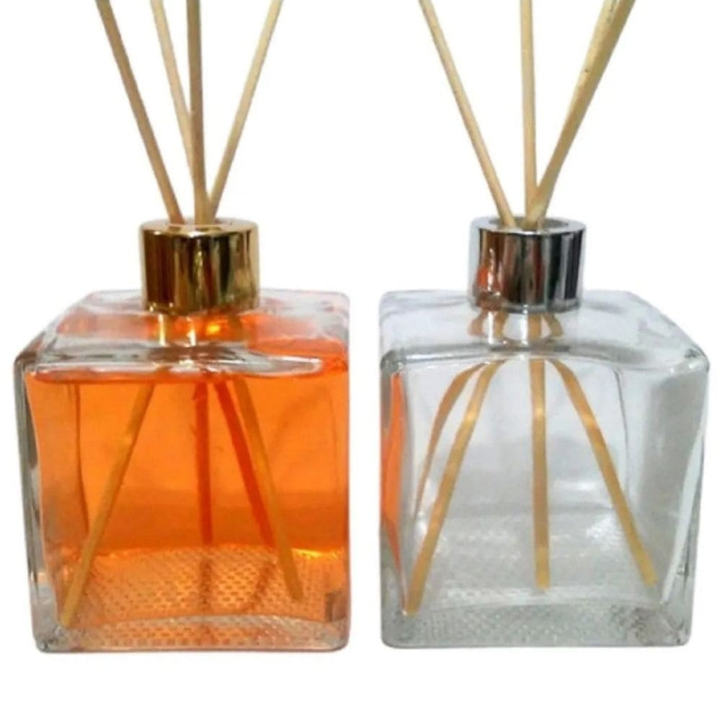 Kit Difusor de Ambiente Vidro Cubo Transparente 350ml Tampa Luxo Cromada