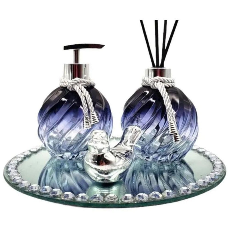 Kit Lavabo Porta Sabonete Líquido Aromatizador Difusor Azul Bandeja Espelhada