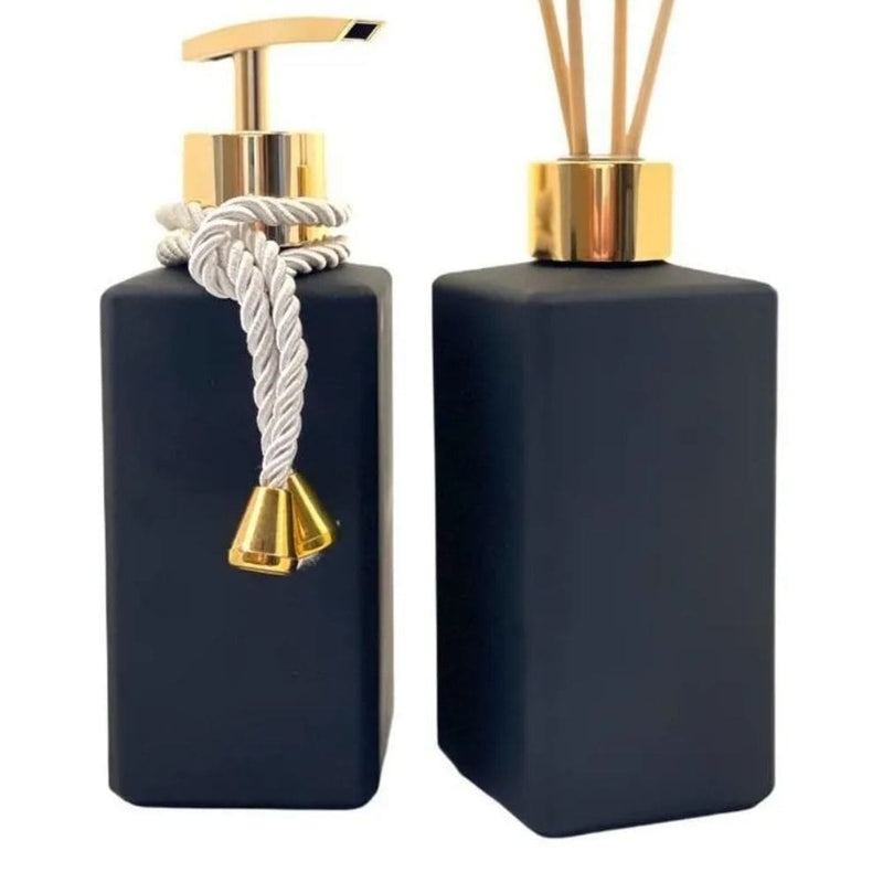 Kit Porta Sabonete e Difusor Luxo Vidro Preto Fosco com Pingente