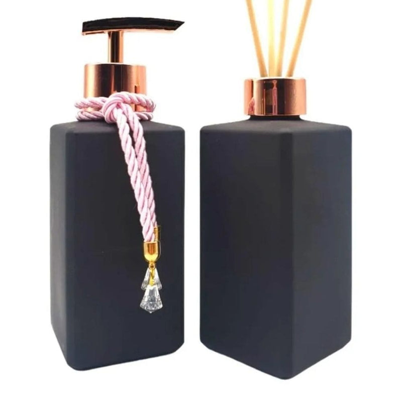 Kit Porta Sabonete e Difusor Luxo Vidro Preto Fosco com Pingente