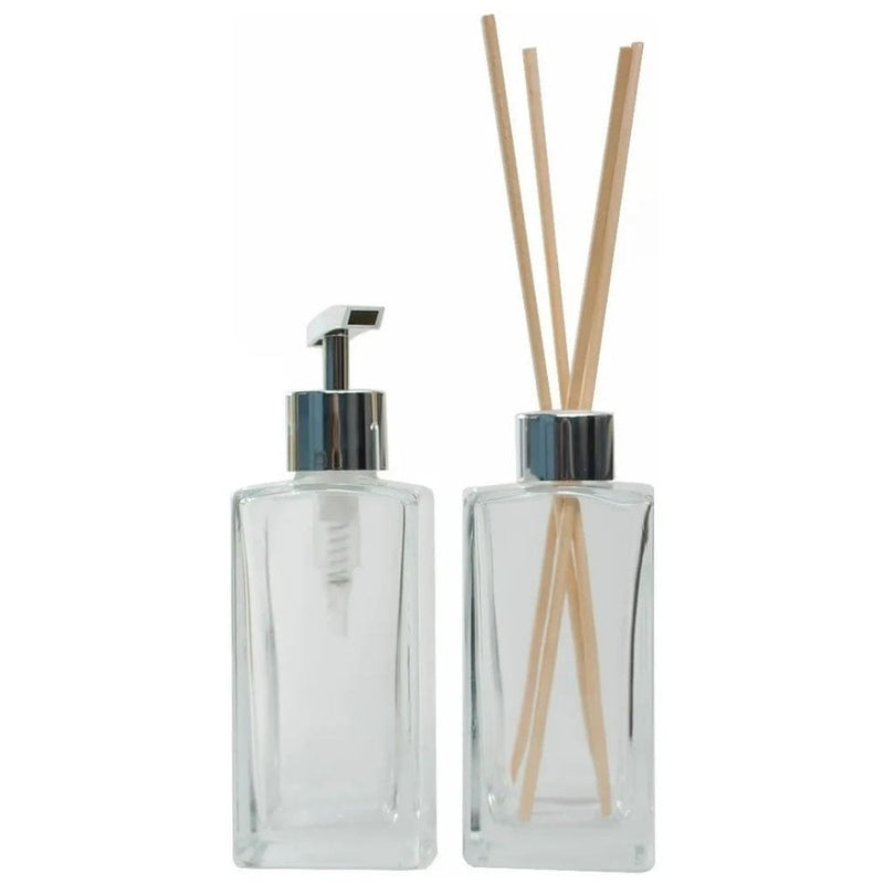 Kit Sabonete Cromado e Difusor de Vidro Retangular Transparente 250ml