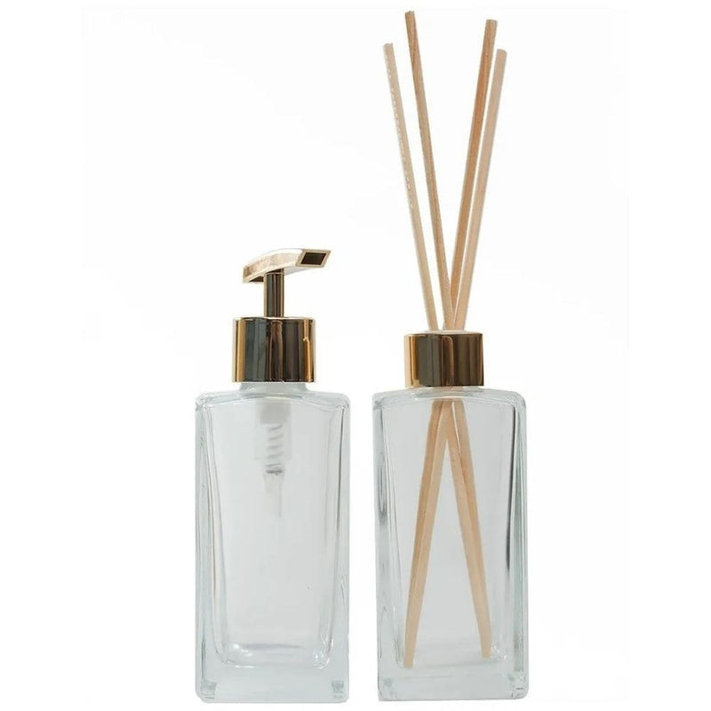 Kit Sabonete Cromado e Difusor de Vidro Retangular Transparente 250ml