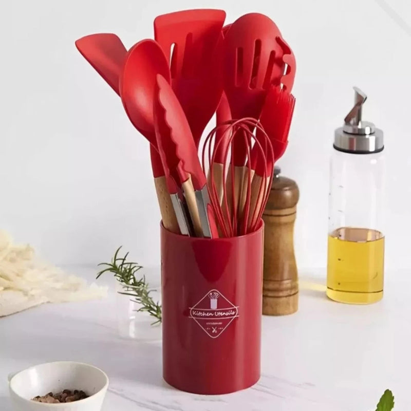 Conjunto de 12 Utensílios de Cozinha em Silicone com Cabos de Madeira para Praticidade e Conforto na Sua Cozinha