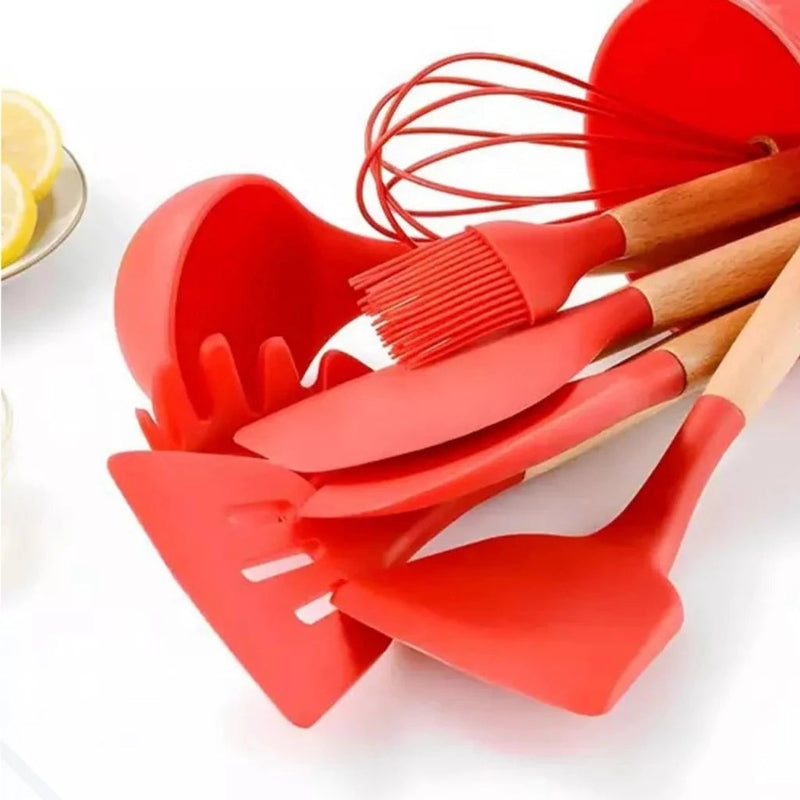 Conjunto de 12 Utensílios de Cozinha em Silicone com Cabos de Madeira para Praticidade e Conforto na Sua Cozinha