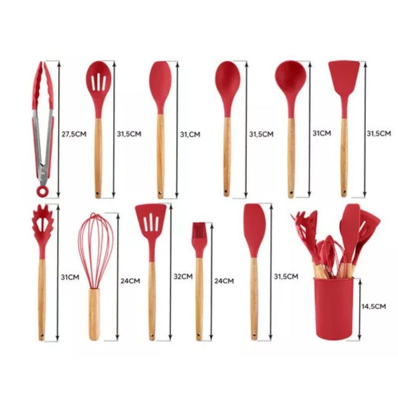 Conjunto de 12 Utensílios de Cozinha em Silicone com Cabos de Madeira para Praticidade e Conforto na Sua Cozinha