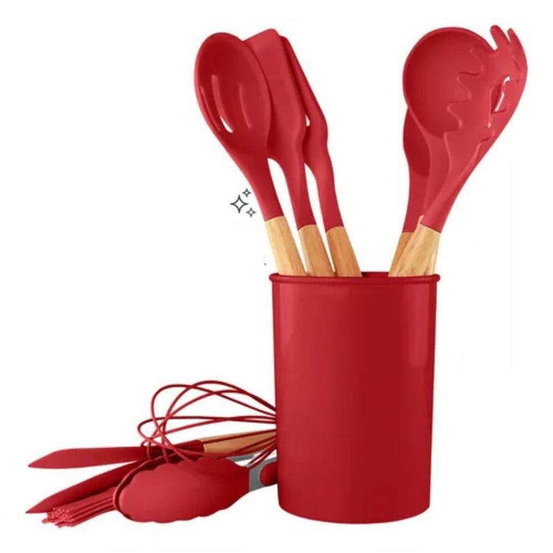 Conjunto de 12 Utensílios de Cozinha em Silicone com Cabos de Madeira para Praticidade e Conforto na Sua Cozinha