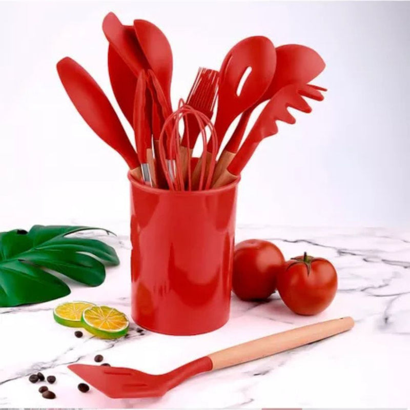 Conjunto de 12 Utensílios de Cozinha em Silicone com Cabos de Madeira para Praticidade e Conforto na Sua Cozinha