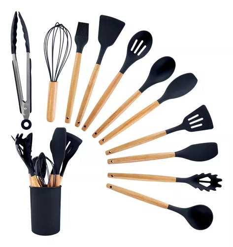 Conjunto de 12 Utensílios de Cozinha em Silicone com Cabos de Madeira para Praticidade e Conforto na Sua Cozinha