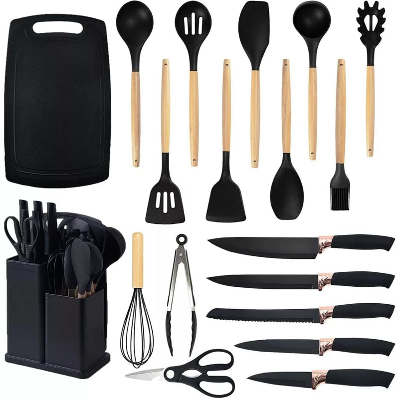 Conjunto Completo de 19 Utensílios de Cozinha com Tábua para Facilitar Seu Dia a Dia