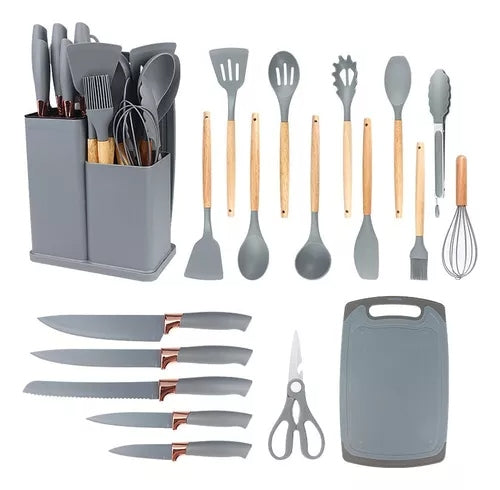 Conjunto Completo de 19 Utensílios de Cozinha com Tábua para Facilitar Seu Dia a Dia