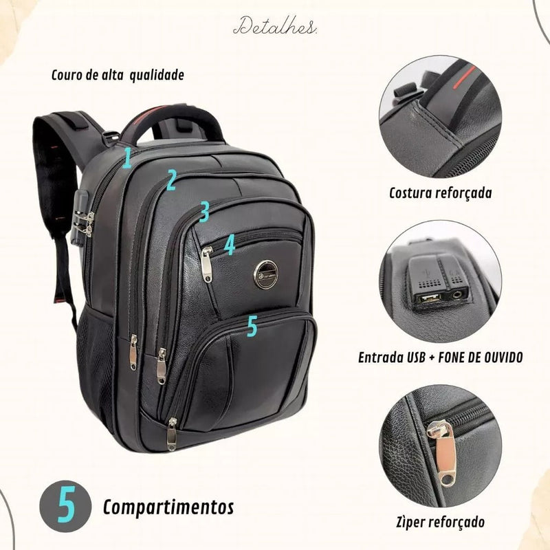 Mochila Masculina Couro Viego Trabalho Faculdade Escola