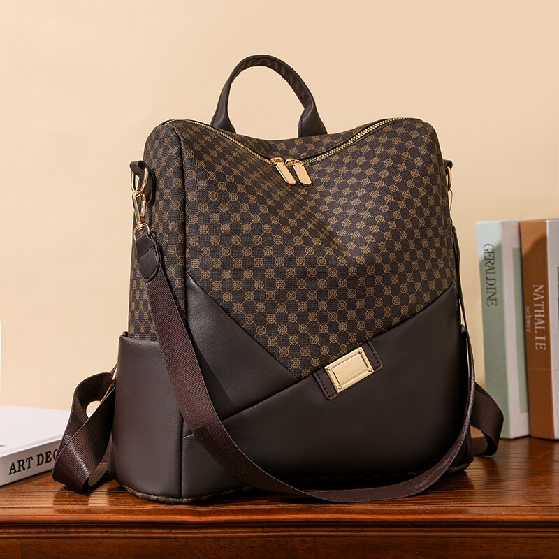 Mochila Feminina Xadrez em Couro Genuíno - Estilo e Conforto para o Seu Dia a Dia