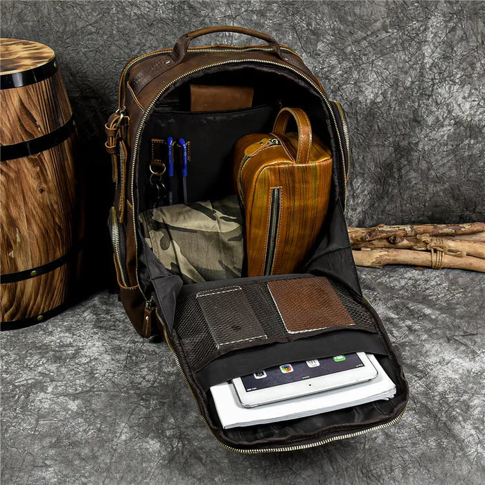 Mochila Masculina de Couro Genuíno Retrô