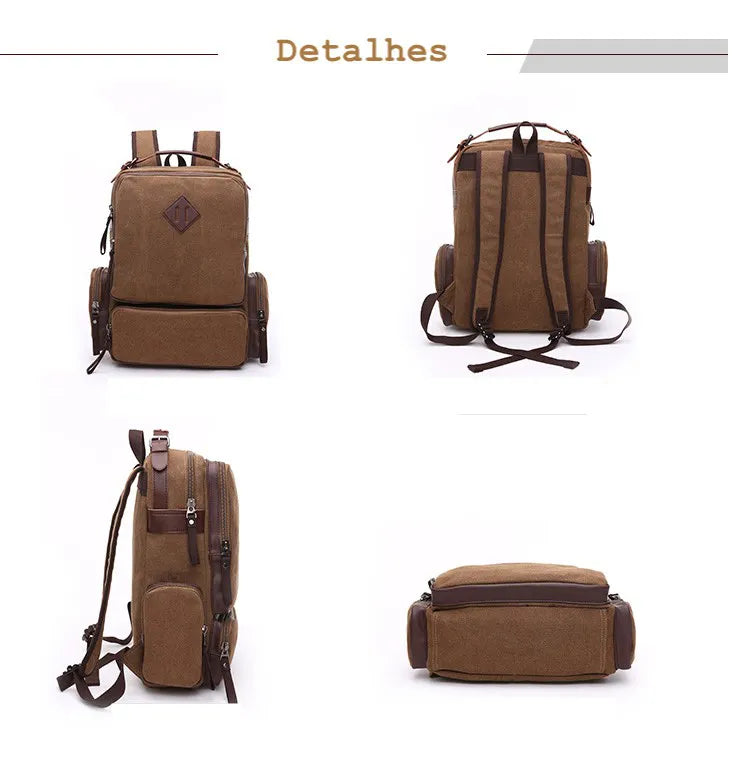 Mochila Masculina de Lona com Detalhes em Couro