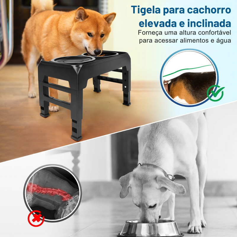 Tigela Elevada 2 em 1: Comedouro e Bebedouro Anti Respingo com Ajuste Prático de Altura