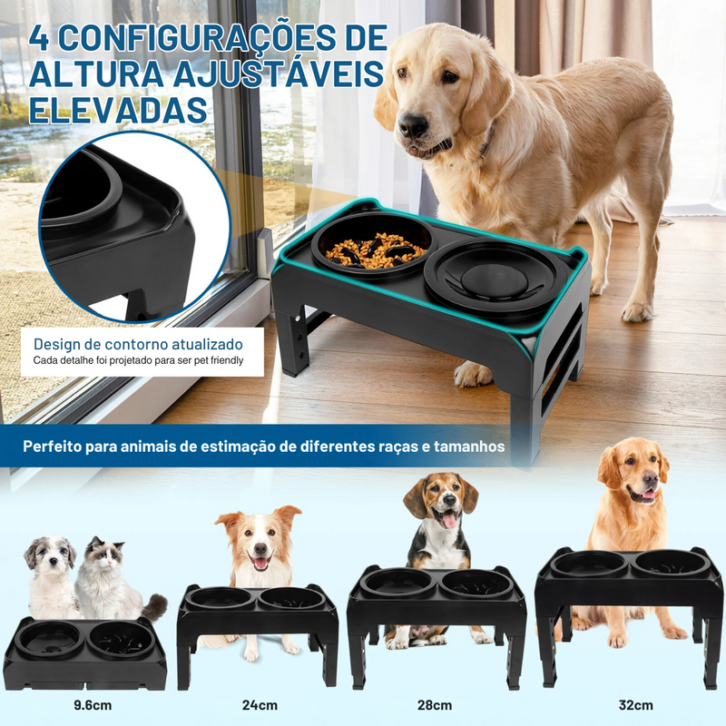 Tigela Elevada 2 em 1: Comedouro e Bebedouro Anti Respingo com Ajuste Prático de Altura